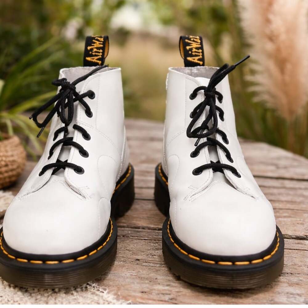Dr. Martens White Leather Lace-Up Ankle Boots with Black Soles